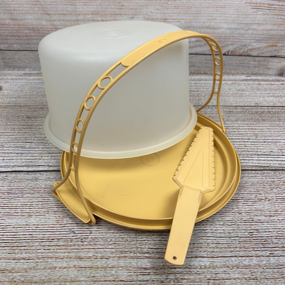 Vintage Tupperware Cake Taker Harvest Gold Round Carrier with Handle and Server